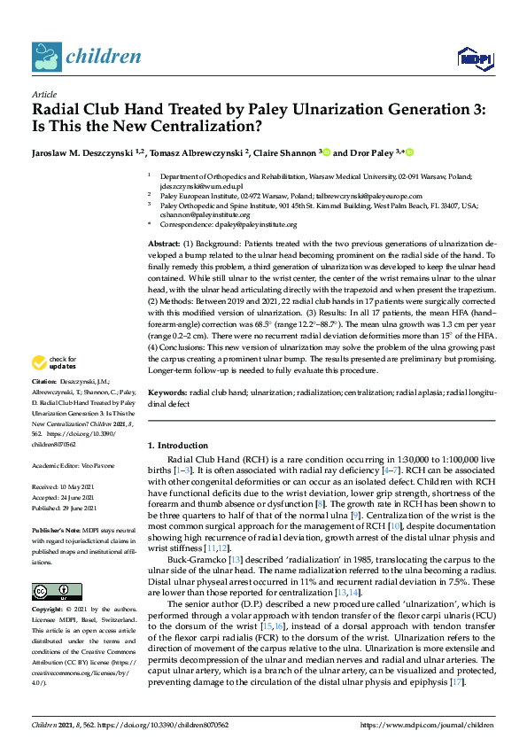 (PDF) Radial Club Hand Treated by Paley Ulnarization Generation 3: Is ...