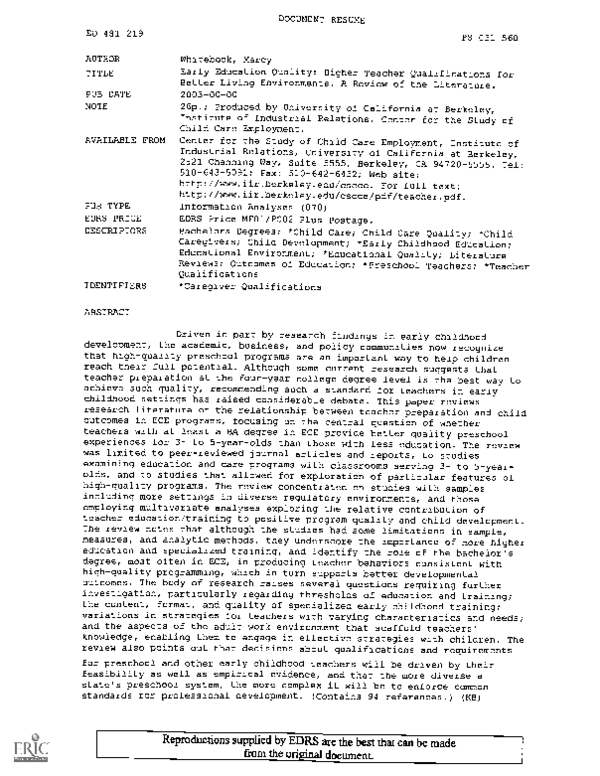 (PDF) Early education quality Higher teacher qualifications for better