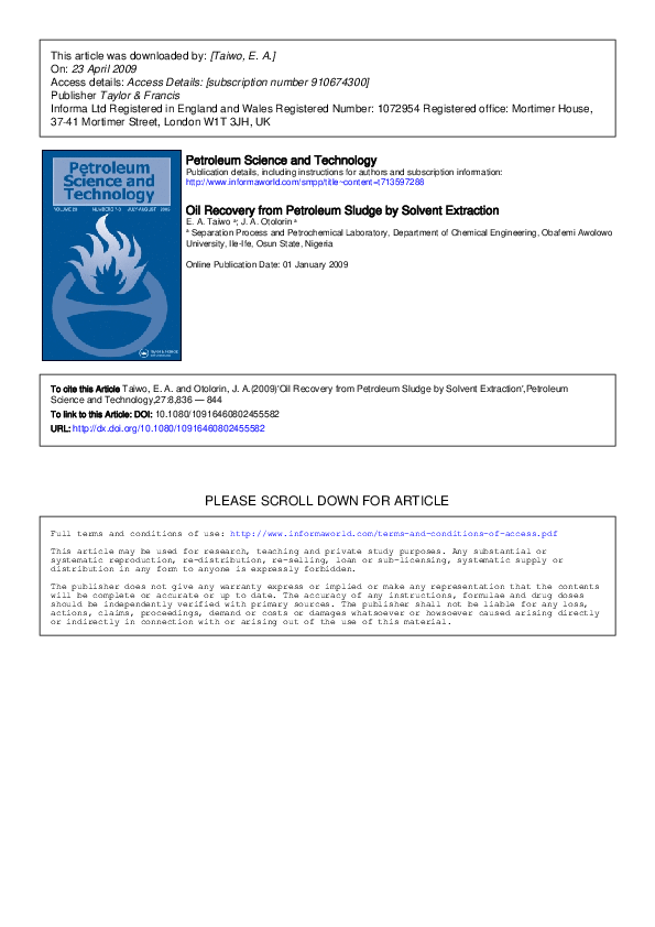 (PDF) Oil Recovery from Petroleum Sludge by Solvent Extraction