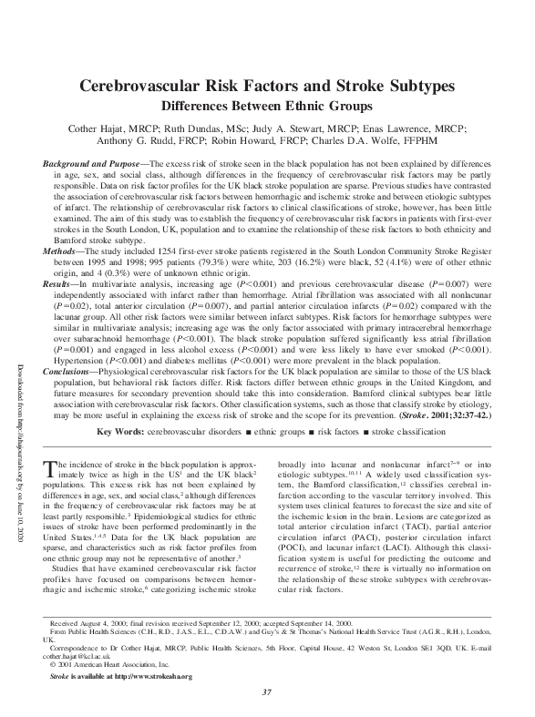 (PDF) Cerebrovascular Risk Factors and Stroke Subtypes: Differences ...