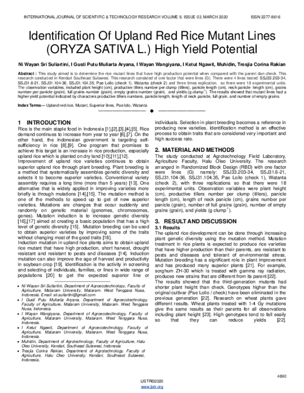 (PDF) Identification Of Upland Red Rice Mutant Lines (ORYZA SATIVA L ...