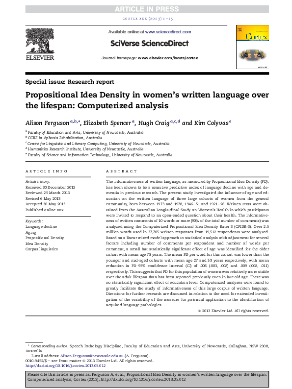 (PDF) Propositional Idea Density in women's written language over the ...
