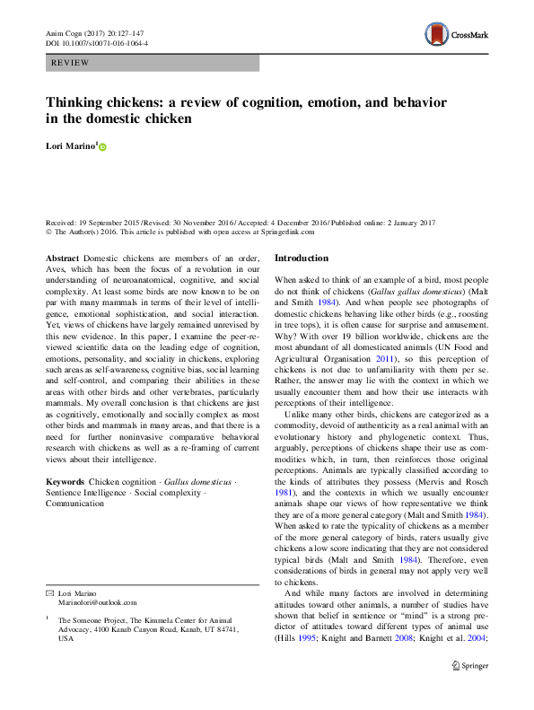 (PDF) Thinking chickens: a review of cognition, emotion, and behavior ...