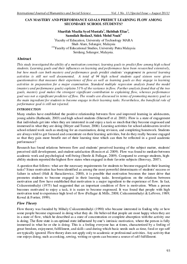 (PDF) Can Mastery and Performance Goals Predict Learning Flow Among ...