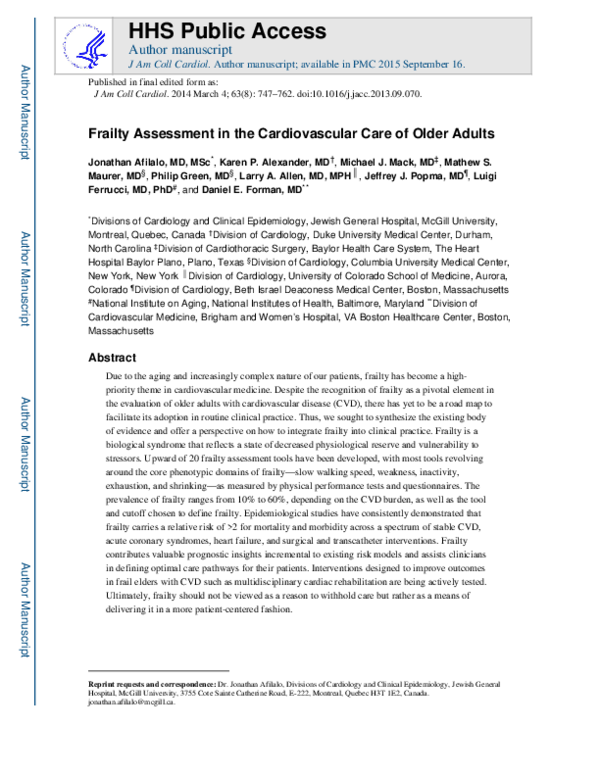 (PDF) Frailty Assessment in the Cardiovascular Care of Older Adults