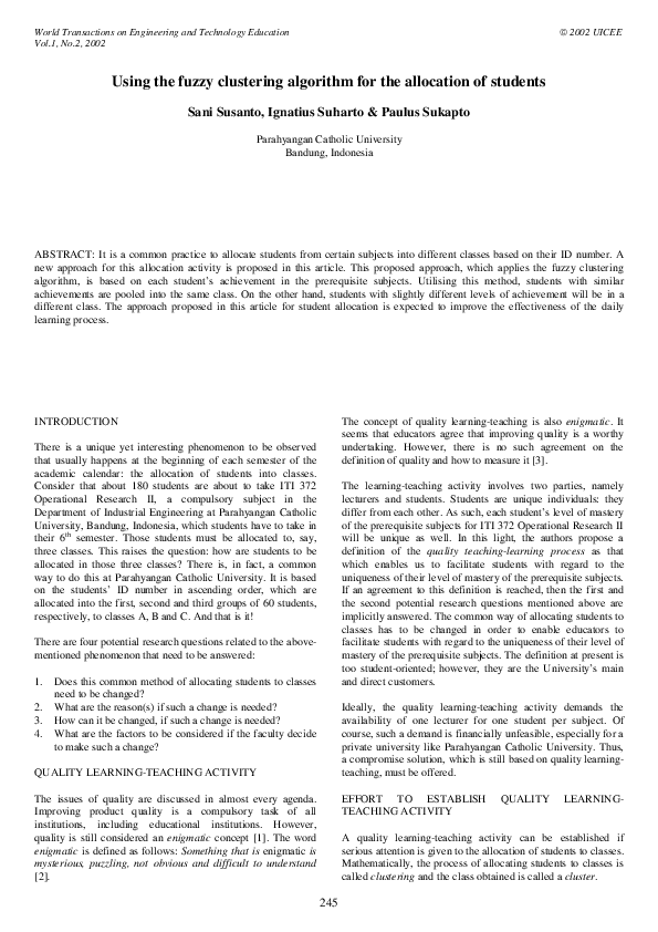(PDF) Using The Fuzzy Clustering Algorithm for The Alocation of Students