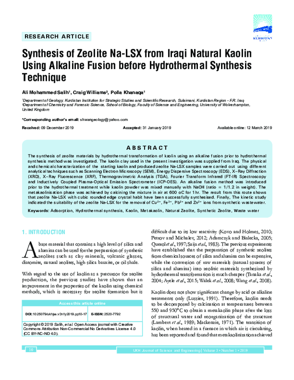 (PDF) Synthesis of Zeolite Na-LSX from Iraqi Natural Kaolin using ...