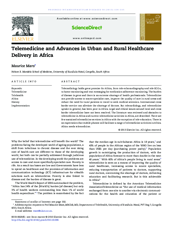 (PDF) Telemedicine and advances in urban and rural healthcare delivery ...