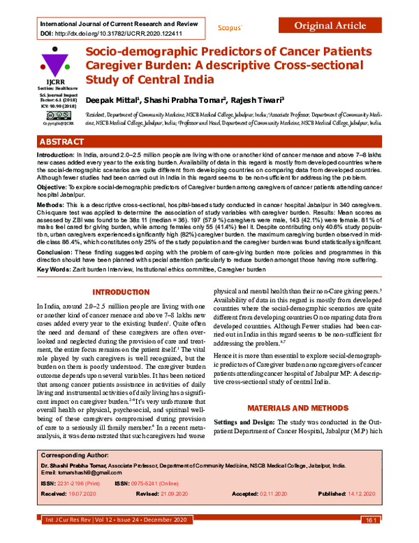 (PDF) Socio-demographic Predictors of Cancer Patients Caregiver Burden ...