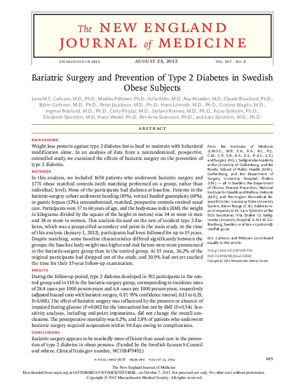 (PDF) Bariatric surgery and prevention of type 2 diabetes in Swedish ...