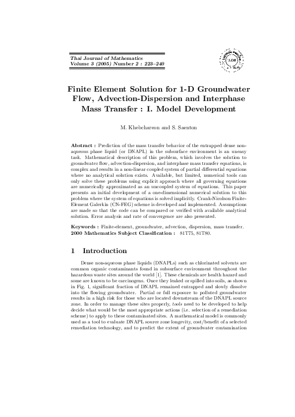(PDF) Finite Element Solution for 1-D Groundwater Flow, Advection ...