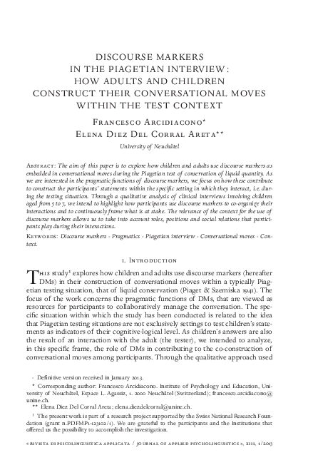(PDF) Discourse Markers in the Piagetian Interview : How Adults and ...