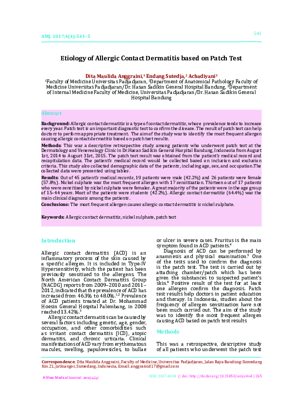 (PDF) Etiology of Allergic Contact Dermatitis based on Patch Test