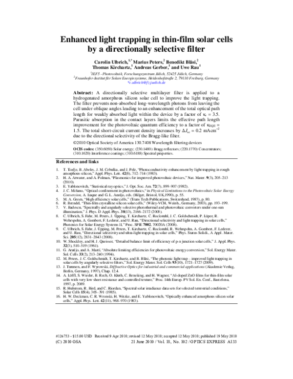 (PDF) Enhanced light trapping in thin-film solar cells by a ...