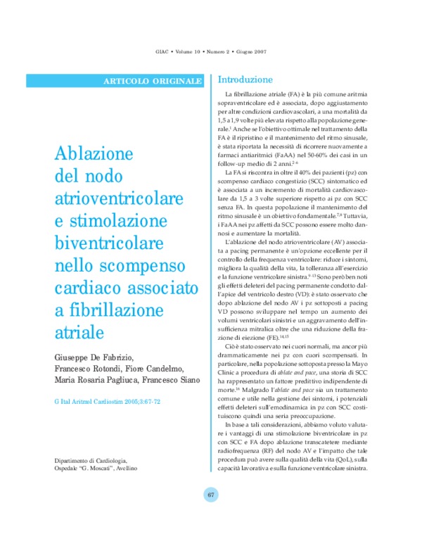 (PDF) Ablazione del nodo atrioventricolare e stimolazione biventricolare nello (PDF) Ablazione del nodo atrioventricolare e stimolazione biventricolare nello