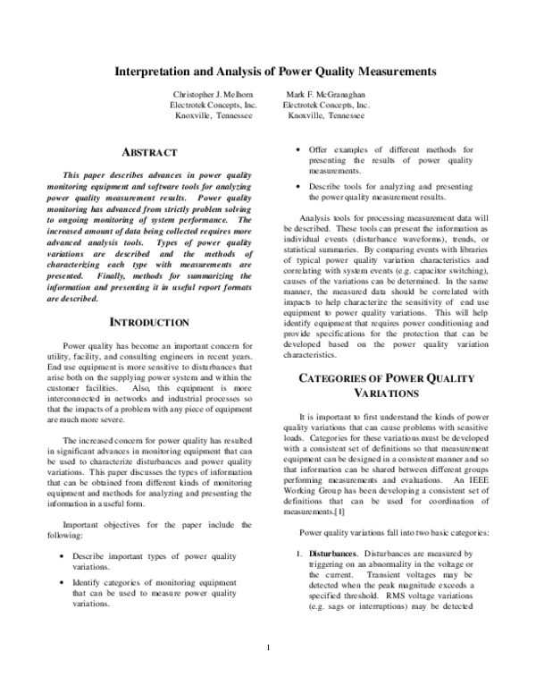 (PDF) Interpretation and analysis of power quality measurements Mark