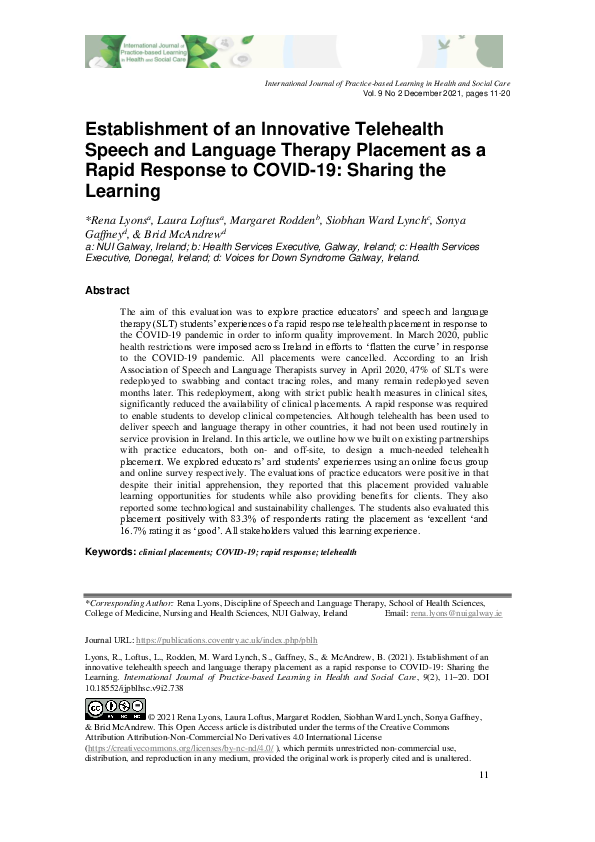 (PDF) Establishment of an Innovative Telehealth Speech and Language ...