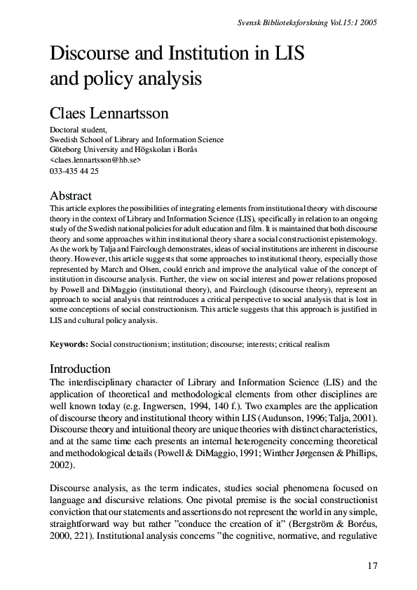 (PDF) Discourse and Institution in LIS and policy analysis