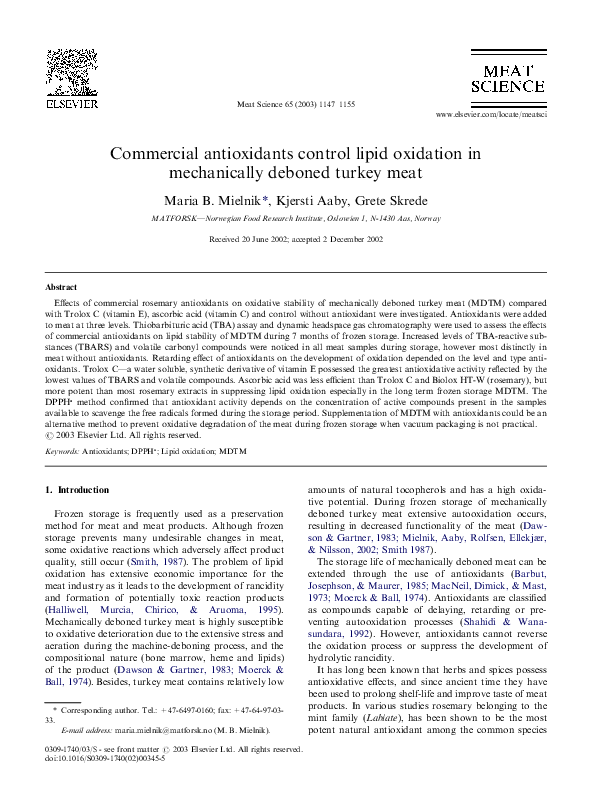 (PDF) Commercial antioxidants control lipid oxidation in mechanically deboned turkey meat