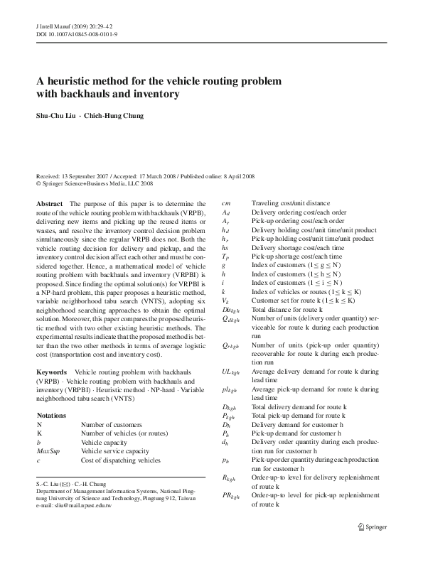 (PDF) A heuristic method for the vehicle routing problem with backhauls ...