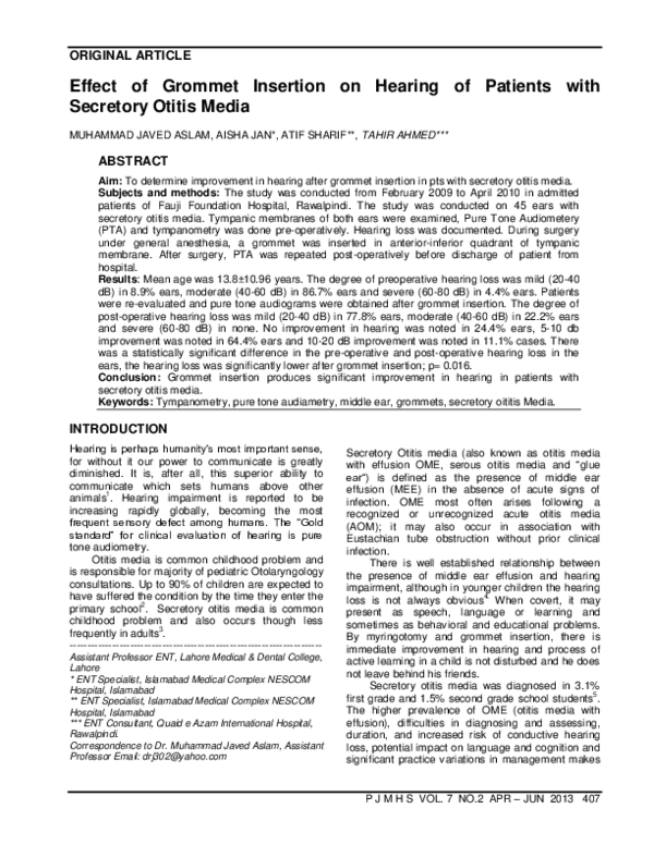 (PDF) Effect of Grommet Insertion on Hearing of Patients with Secretory
