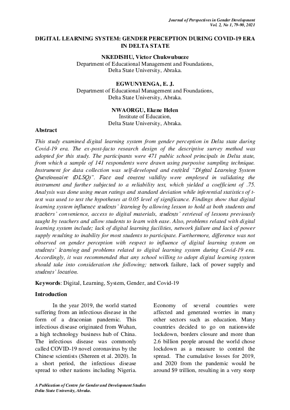 PDF) DIGITAL LEARNING SYSTEM: GENDER PERCEPTION DURING COVID-19