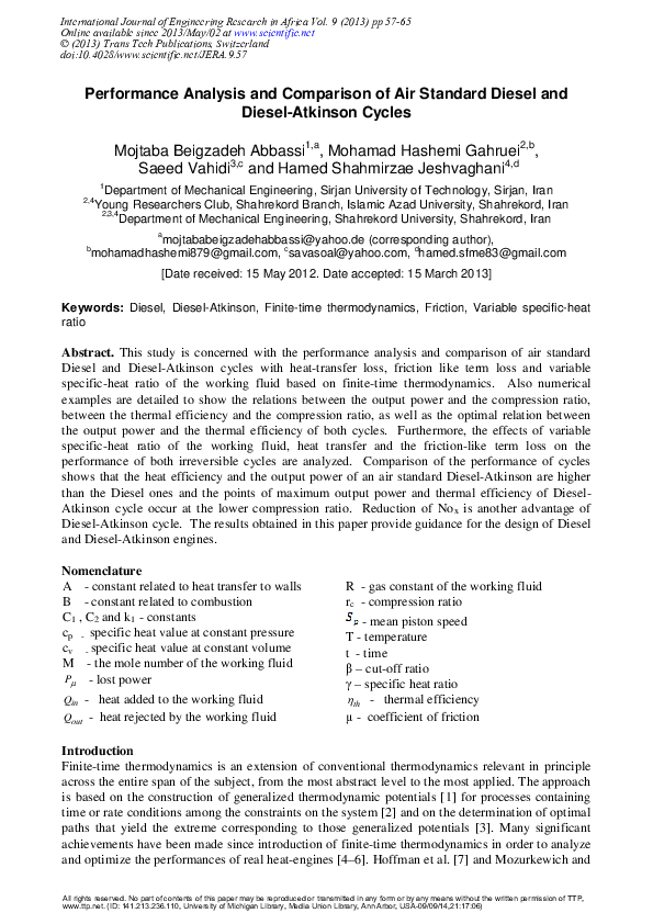 (PDF) Performance Analysis and Comparison of Air Standard Diesel and ...