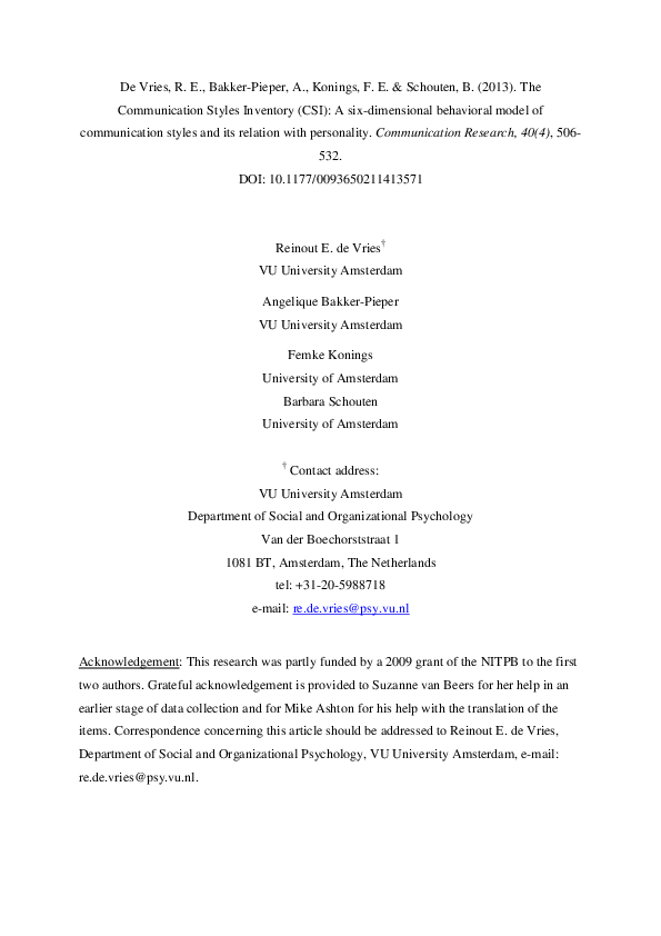(PDF) The Communication Styles Inventory (CSI)