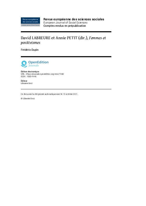 (PDF) Femmes et positivismes, David Labreure et Annie Petit (dir)