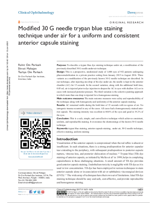 (PDF) Modified 30 G needle trypan blue staining technique under air for