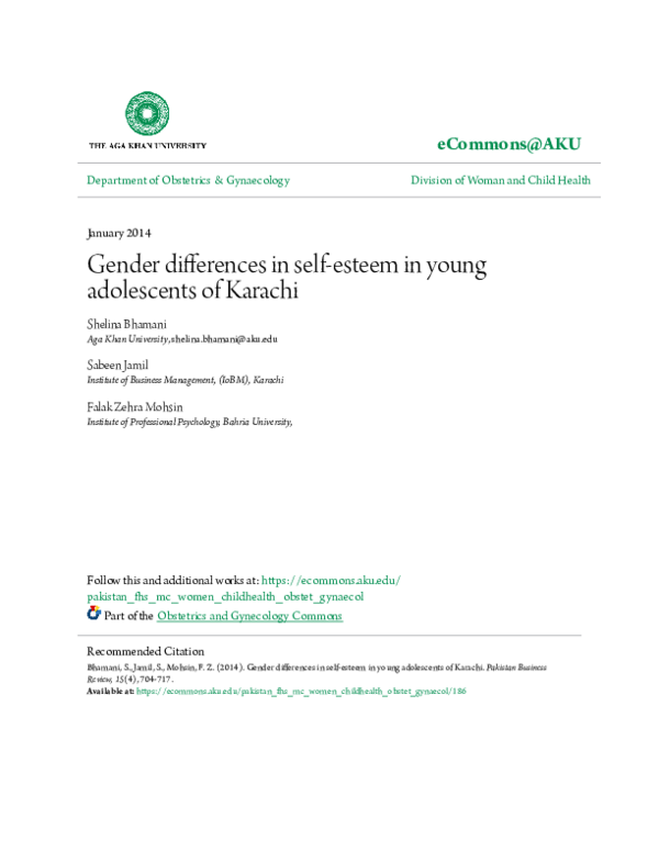 (PDF) Gender Differences in Self Esteem in Young Adolescences of Karachi