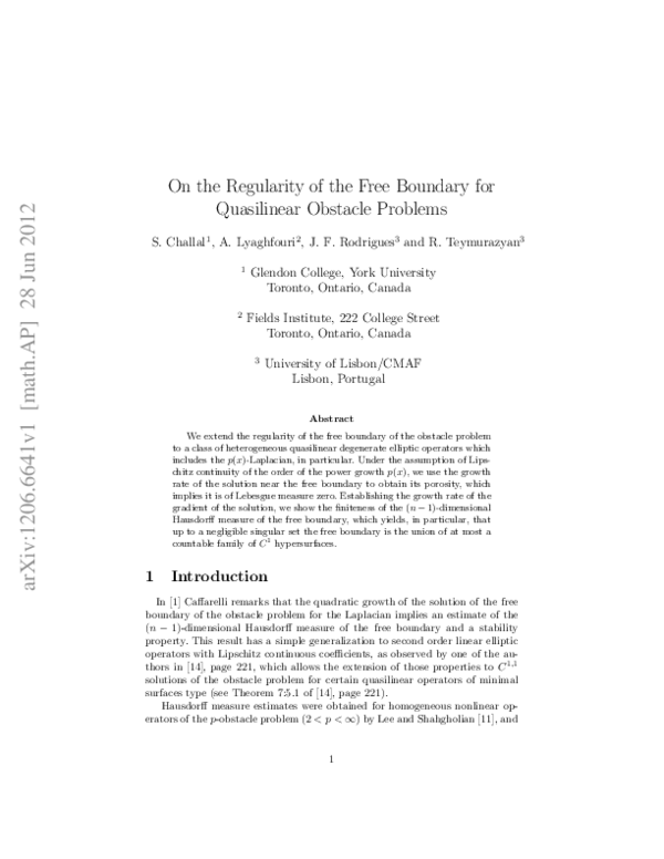 (PDF) On the regularity of the free boundary for quasilinear obstacle ...