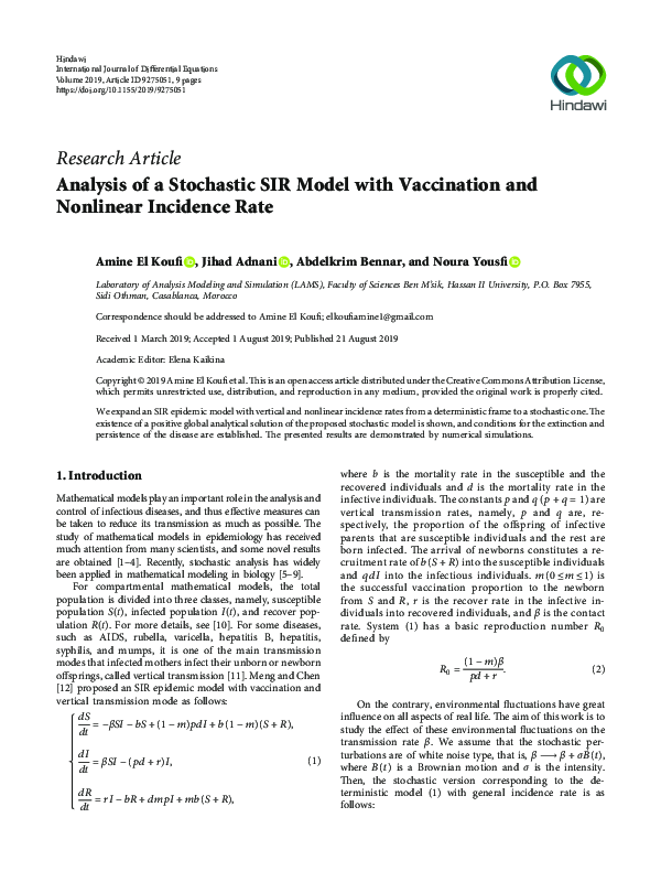 (PDF) Analysis of a Stochastic SIR Model with Vaccination and Nonlinear ...