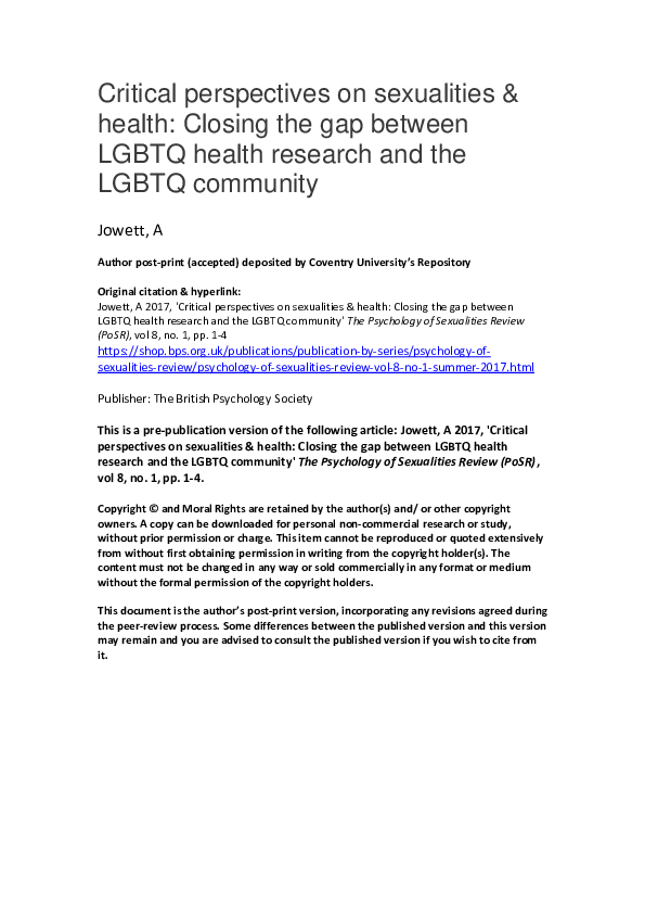 (PDF) Critical perspectives on sexualities & health: Closing the gap ...