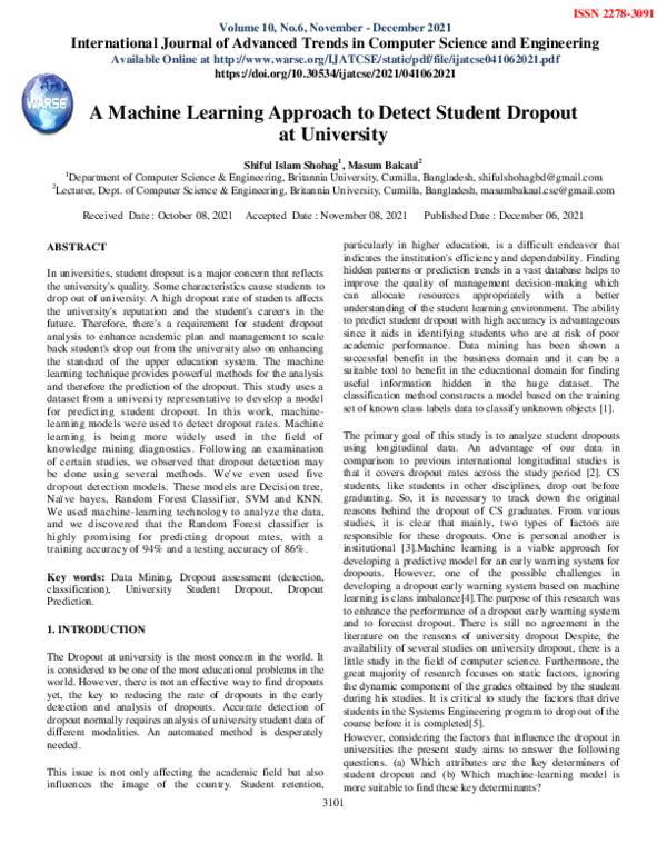 (PDF) A Machine Learning Approach to Detect Student Dropout at University