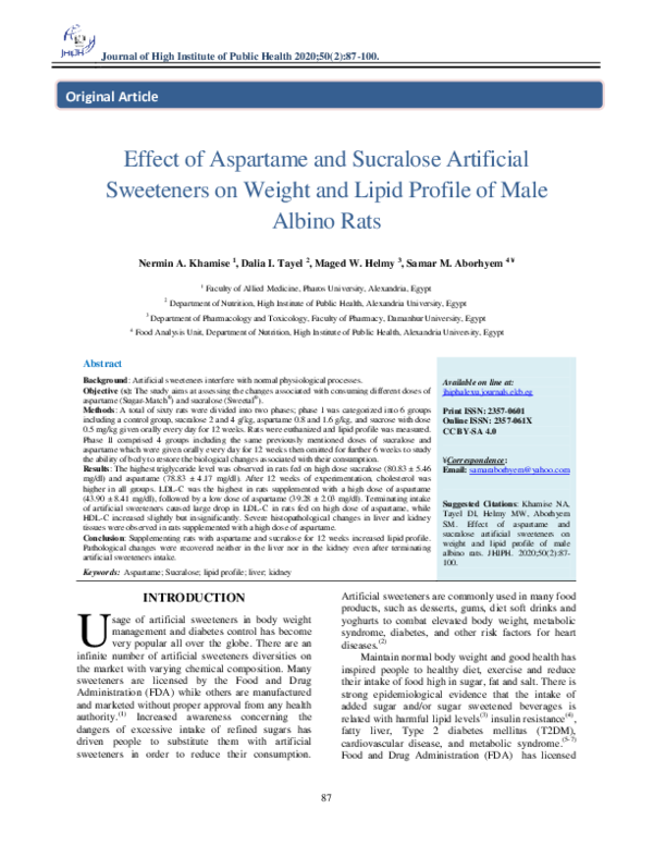 (PDF) Effect of Aspartame and Sucralose Artificial Sweeteners on Weight ...