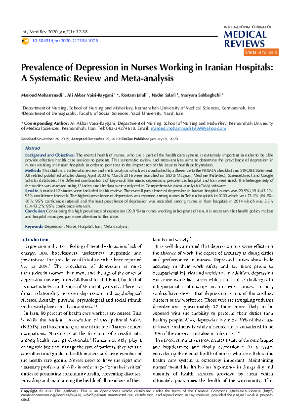 (PDF) Prevalence of Depression in Nurses Working in Iranian Hospitals ...