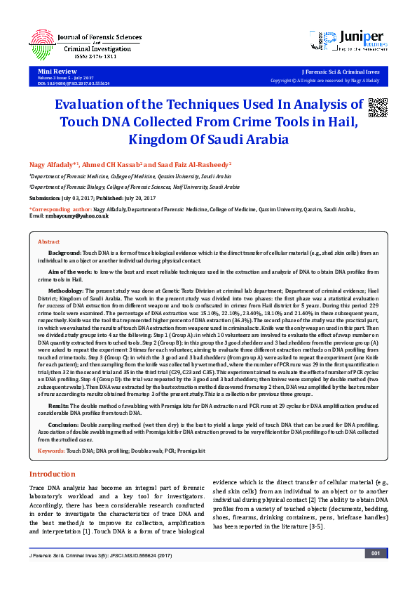 (PDF) Evaluation of the Techniques Used In Analysis of Touch DNA ...