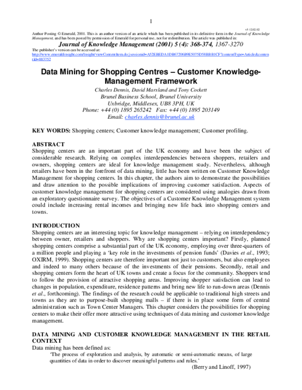 (PDF) Data mining for shopping centres – customer knowledge-management ...