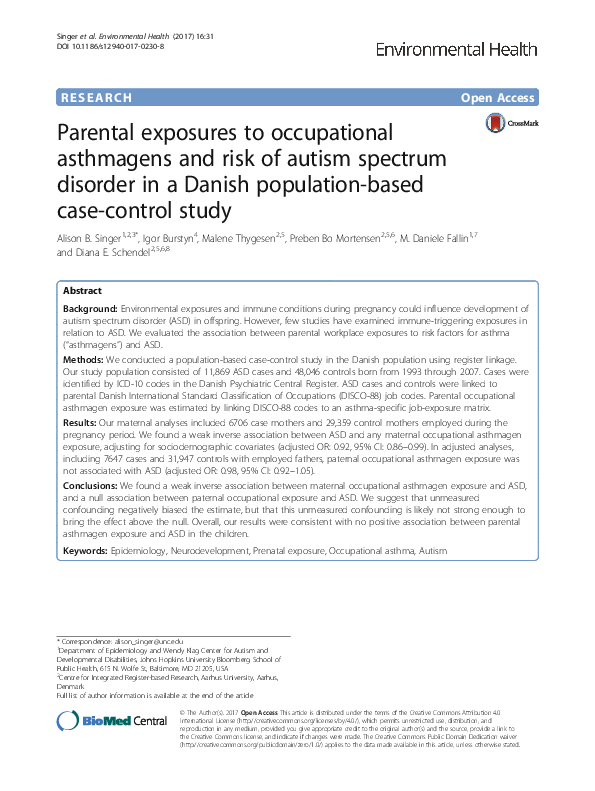 (PDF) Parental exposures to occupational asthmagens and risk of autism ...