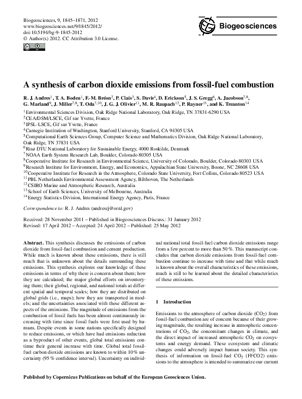 (PDF) A synthesis of carbon dioxide emissions from fossil-fuel combustion