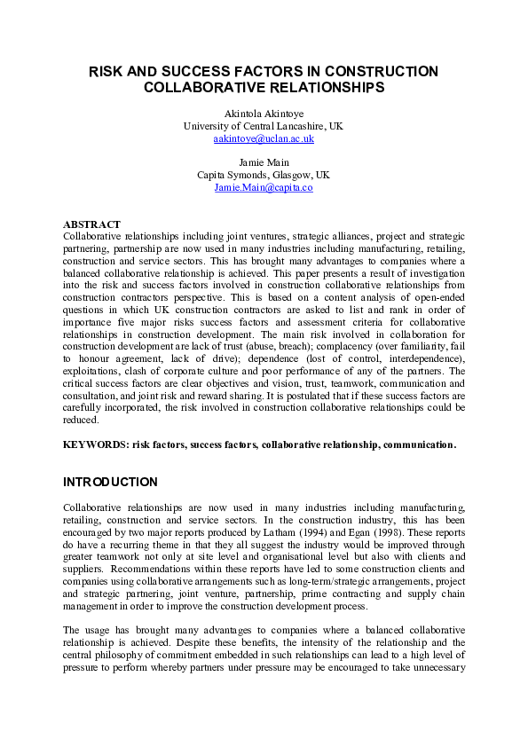 (PDF) Risk and Success Factors in Construction Collaborative Relationships
