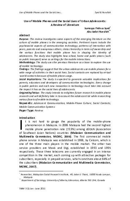 (PDF) Use of Mobile Phones and the Social Lives of Urban Adolescents: A ...