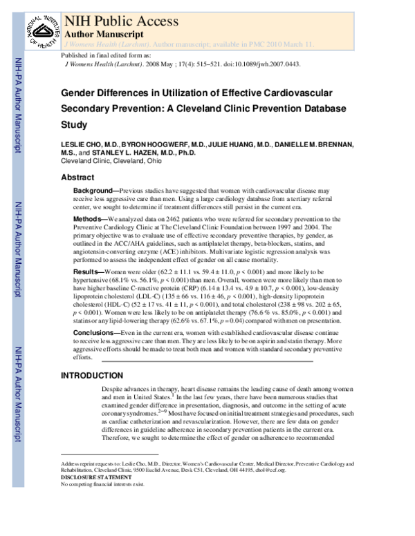 (PDF) Gender Differences in Utilization of Effective Cardiovascular ...