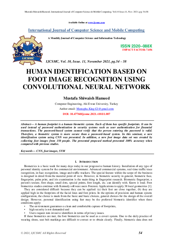 (PDF) HUMAN IDENTIFICATION BASED ON FOOT IMAGE RECOGNITION USING ...