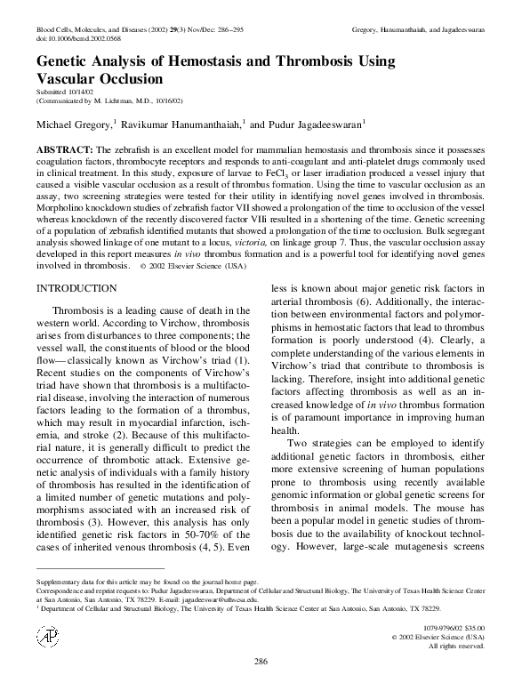 (PDF) Genetic Analysis of Hemostasis and Thrombosis Using Vascular ...