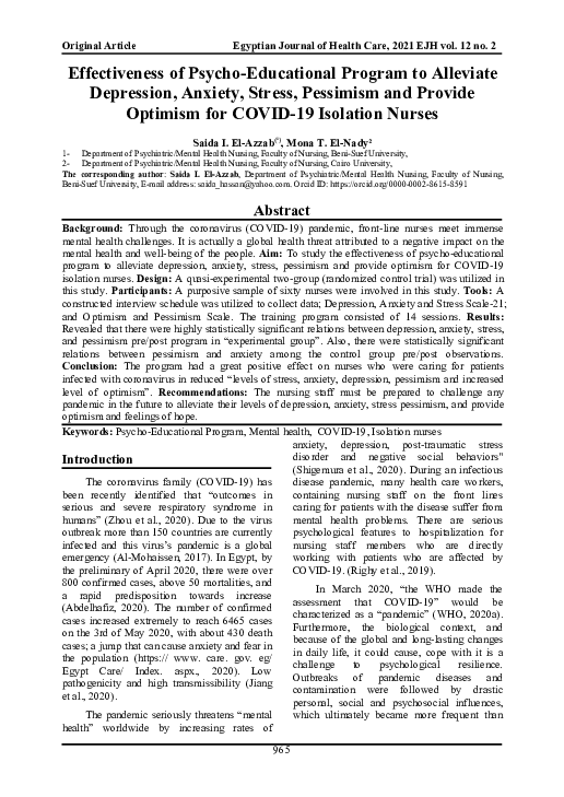 (PDF) Effectiveness of Psycho-Educational Program to Alleviate ...