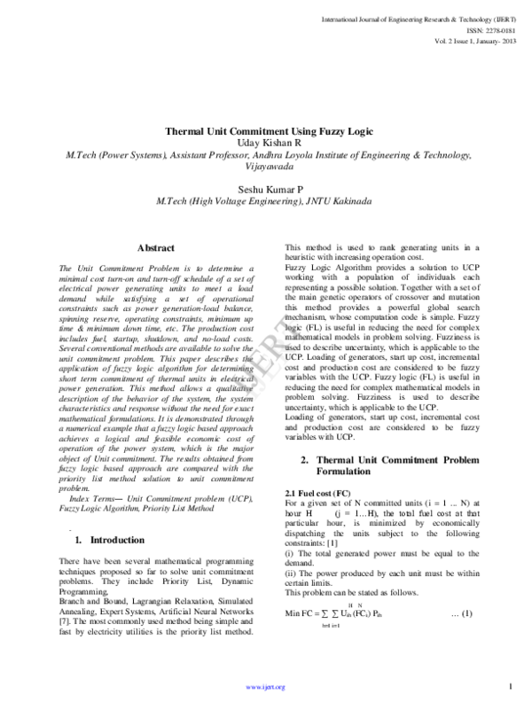 (PDF) Thermal Unit Commitment Using Fuzzy Logic