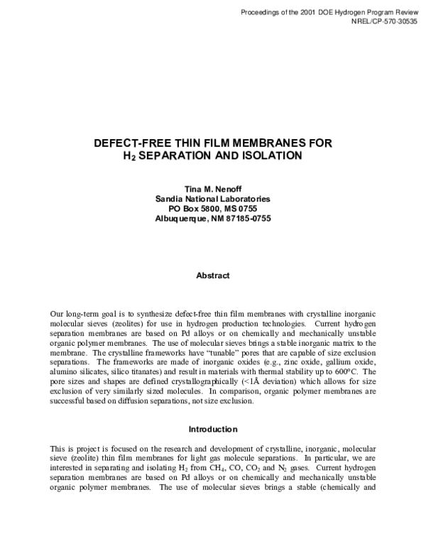 (PDF) Defect-free thin film membranes for H2 separation and isolation