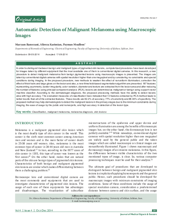(PDF) Automatic Detection of Malignant Melanoma using Macroscopic Images